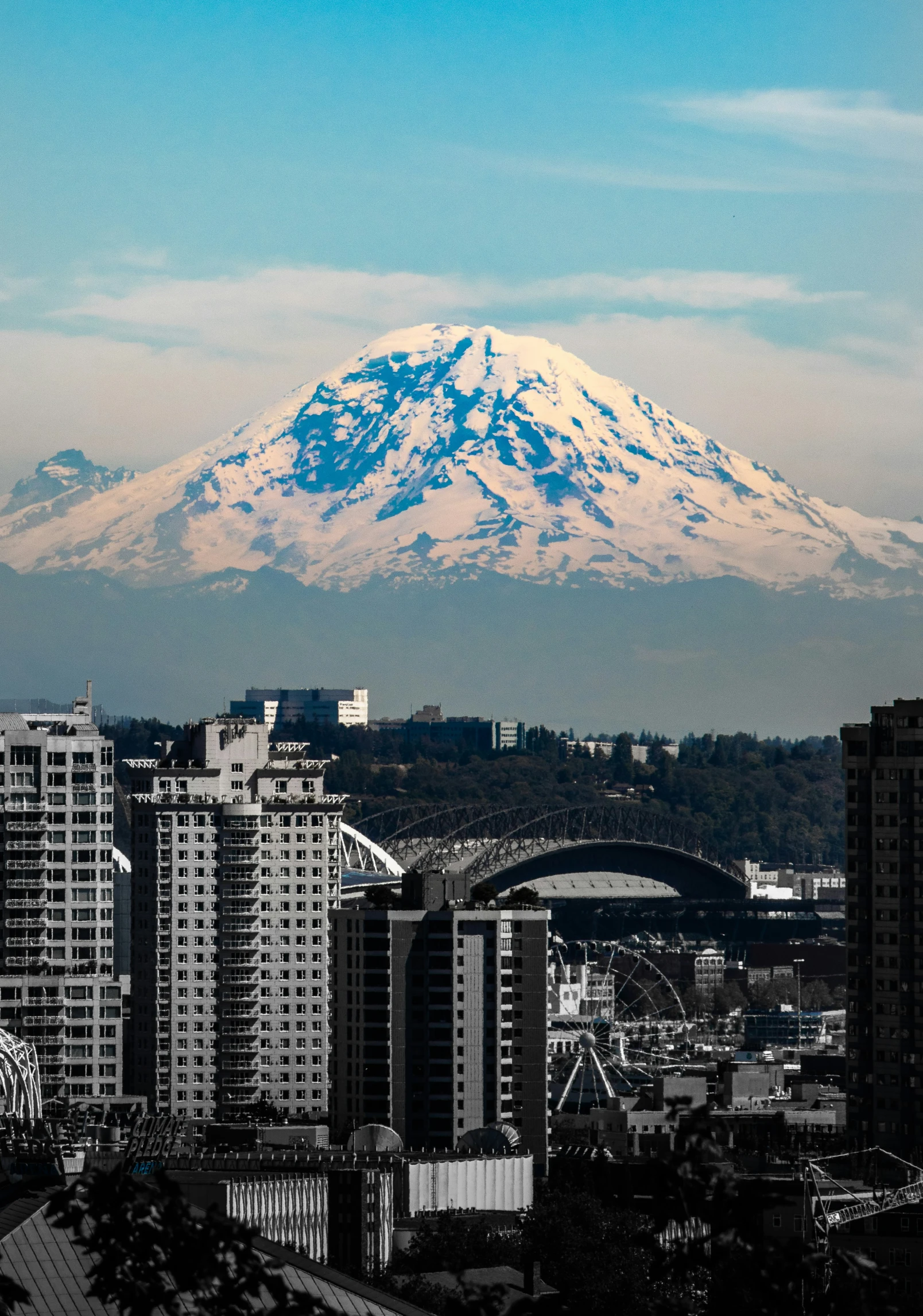 a very large white snowy mountain seen over some buildings