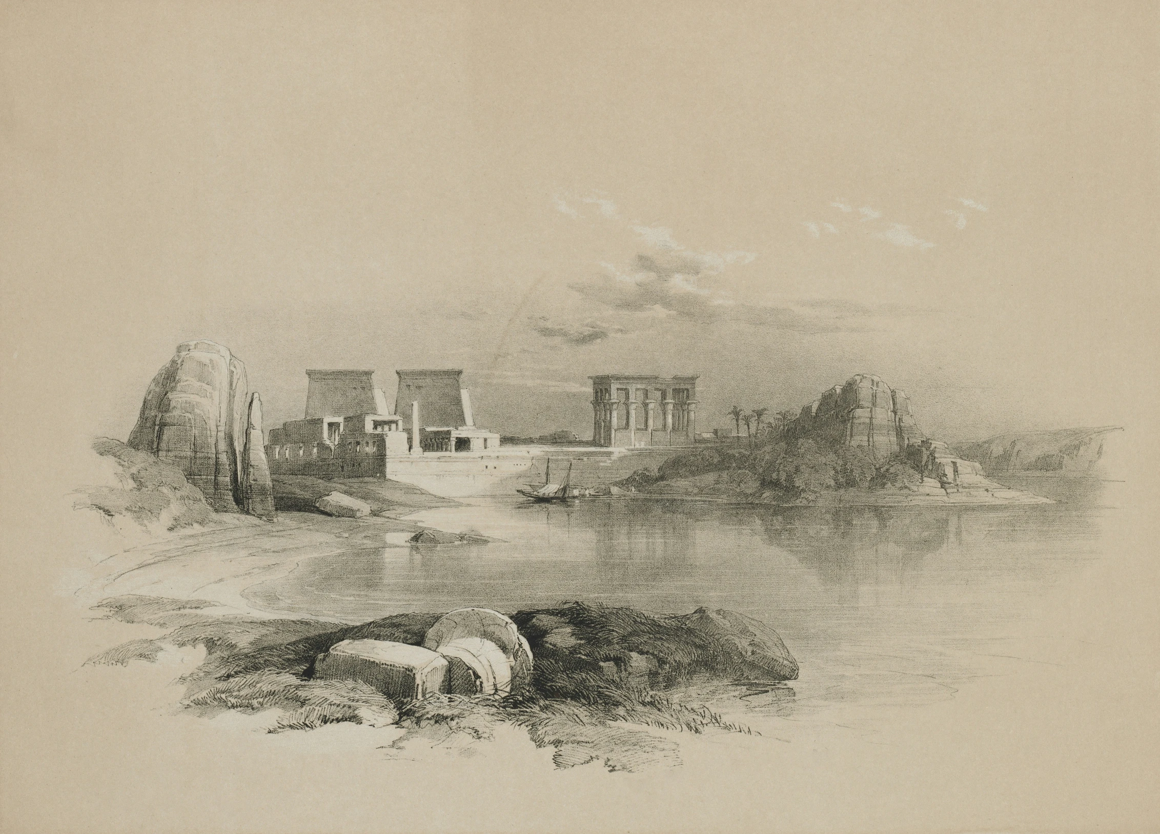 black and white illustration of a ruined house and boat