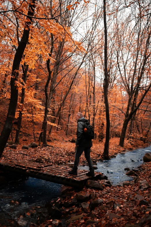 a backpacker crosses a stream in a scenic area of fall colors