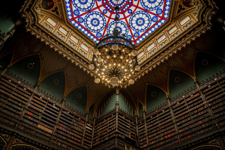 ornate interior design with colorful chandelier and intricate stained glass window