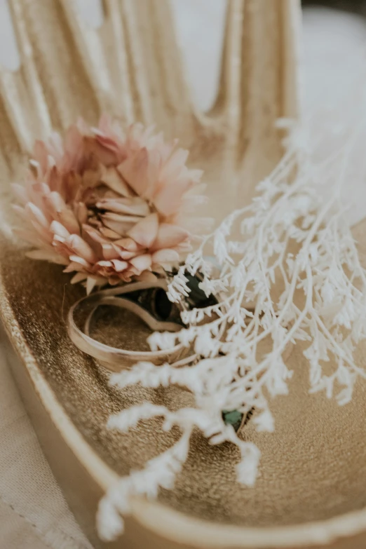 flower with stem rests on white plastic chair