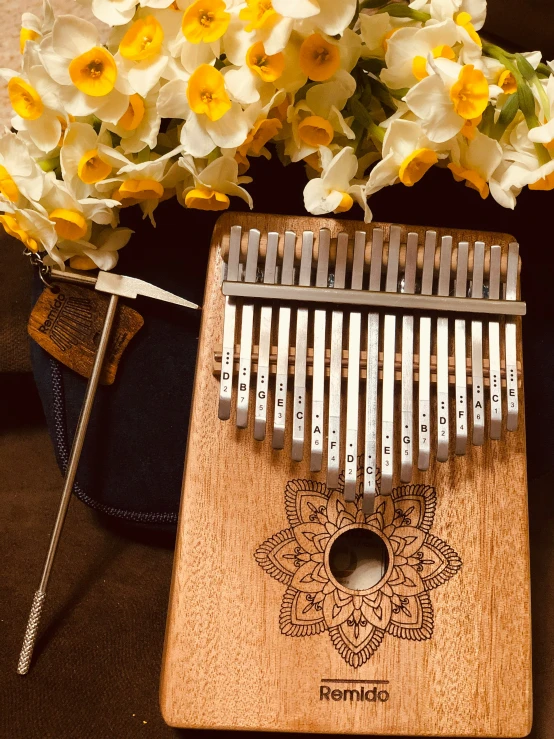 a wooden music instrument is sitting by some flowers