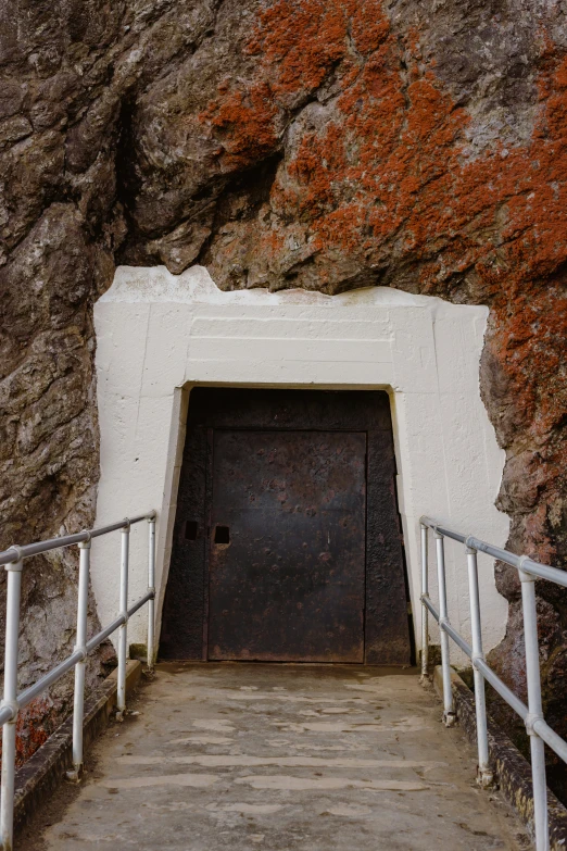 a wooden gate with stairs leads up to a tunnel