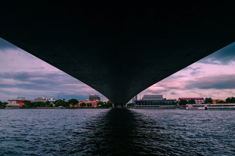 looking down the hull of a ship at the underside