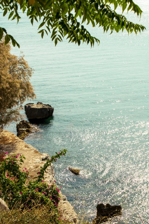 the rocky shore of a clear lake with a boat docked