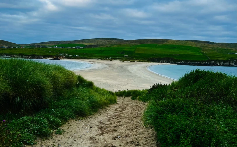 the path along the sandy beach leads to a body of water