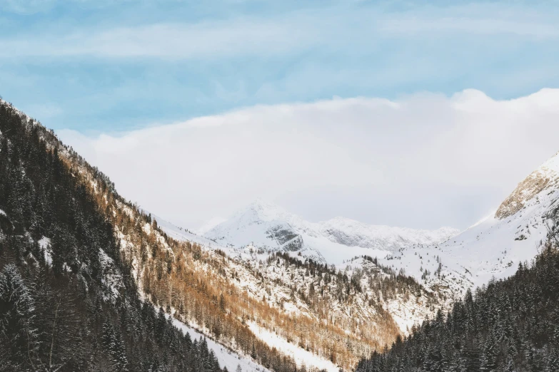 some hills are shown in the foreground with the snowy mountains in the background