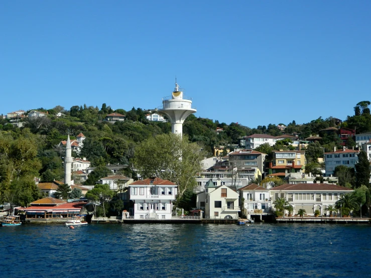 many houses and some boats are in the water