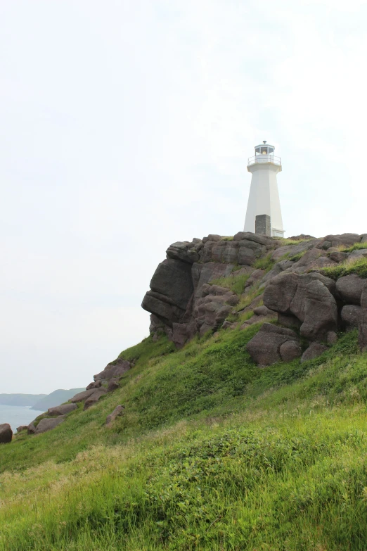 a light house sits on a rocky outcrop