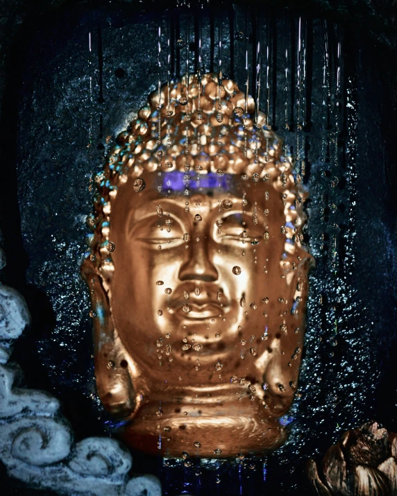 a gold buddha in front of many clouds of rain