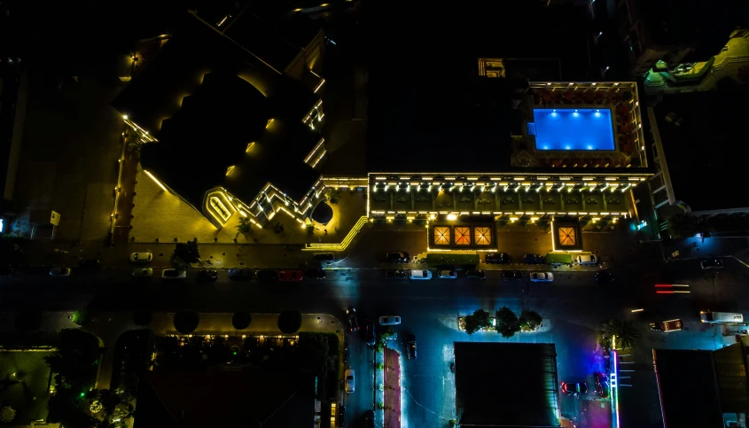 overhead view at a busy urban city at night