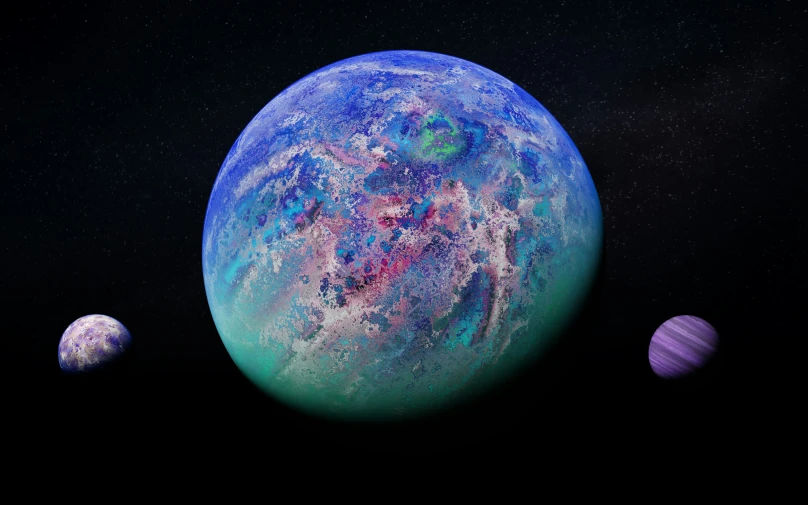 the four planets are depicted with one planet and one is blue