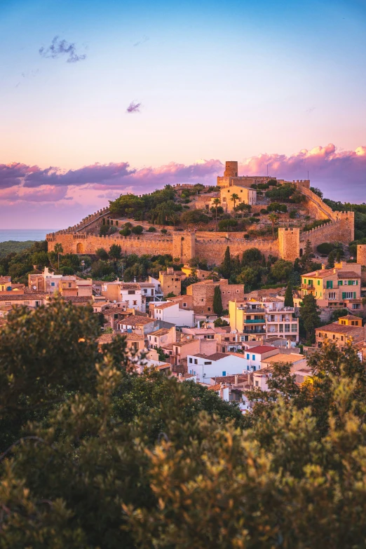 a small town is situated in the middle of a hillside