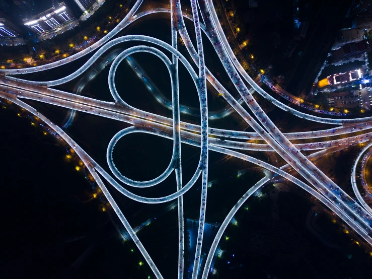 an overhead view of the intersection of highway lights