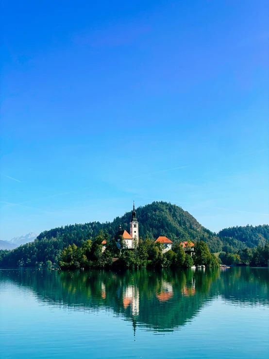 a small island with a church on an island