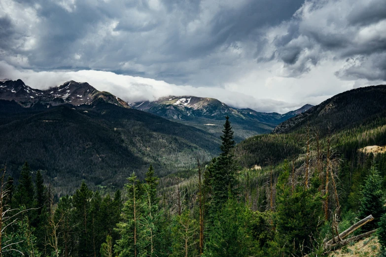 a mountains range with trees and storm clouds