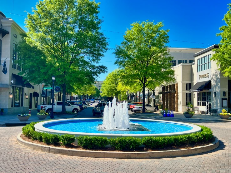 a fountain surrounded by green trees on the side of a road