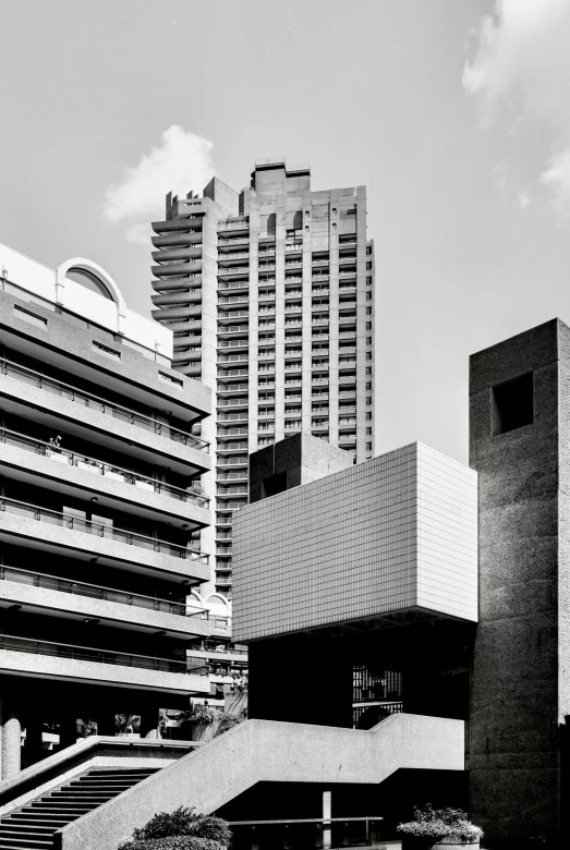 black and white pograph of various buildings in city