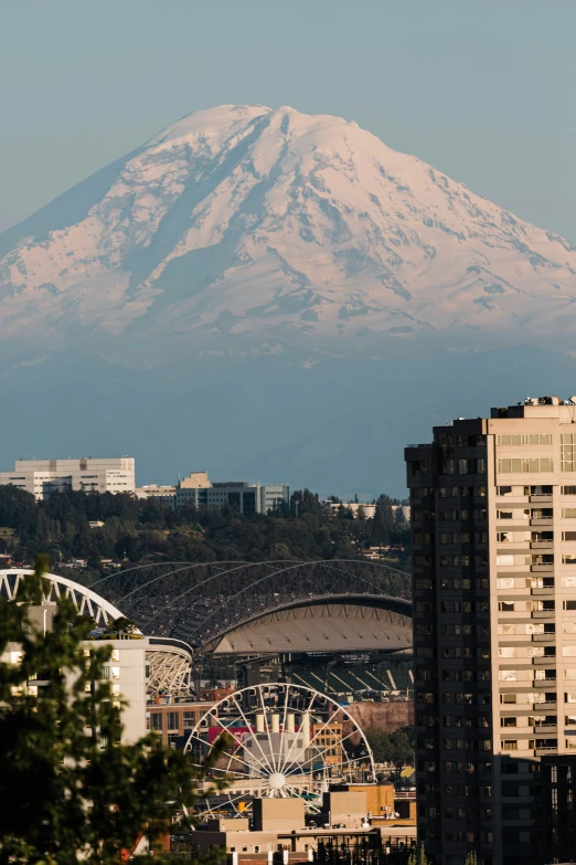 a mountain sits behind buildings with ferris wheels in foreground