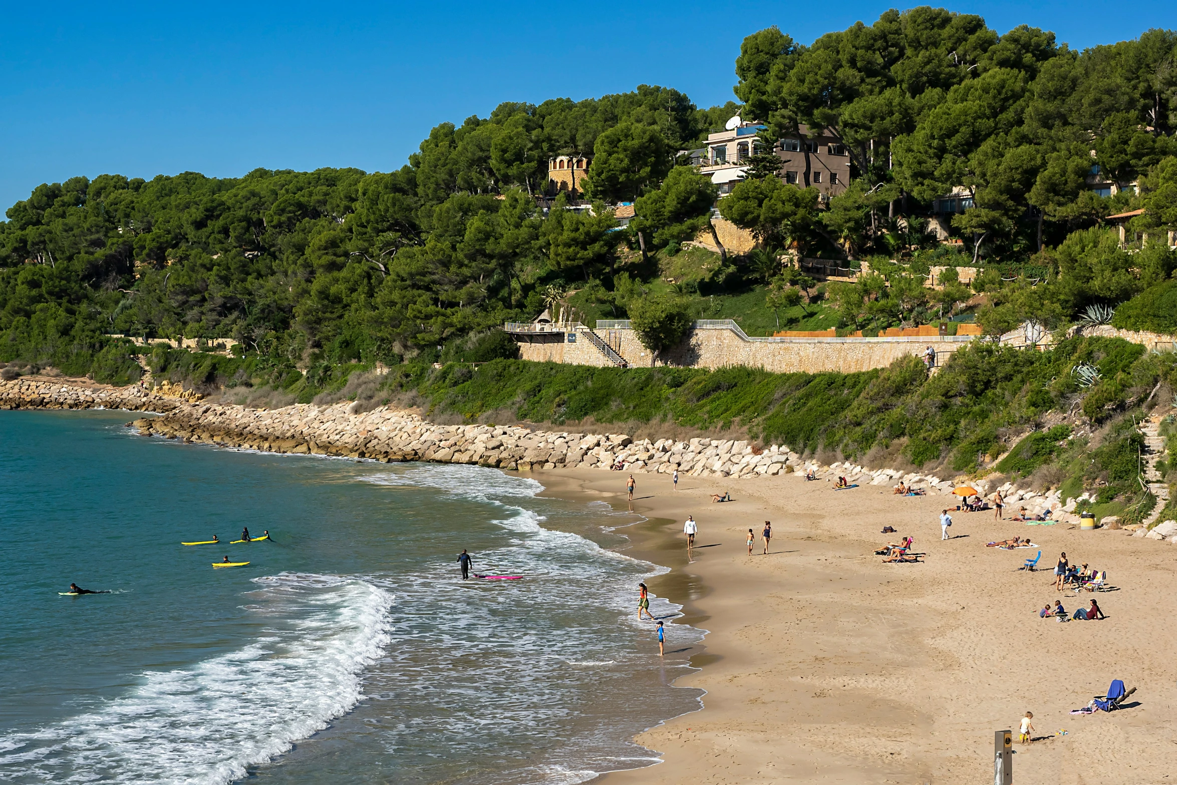 people are gathered on the beach near the water