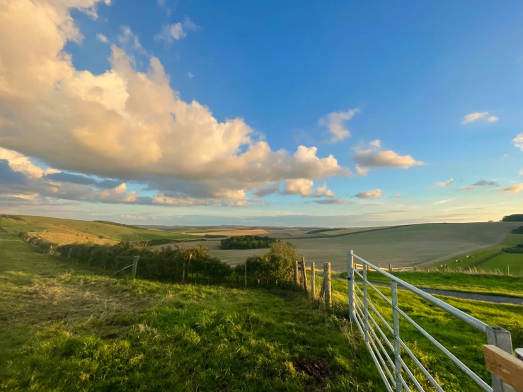 a rural scene, with some trees and a fence on a hill