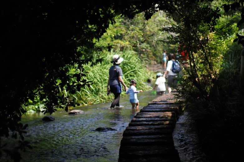 a group of people walking down a river