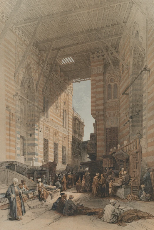 painting of several people and animals in the city