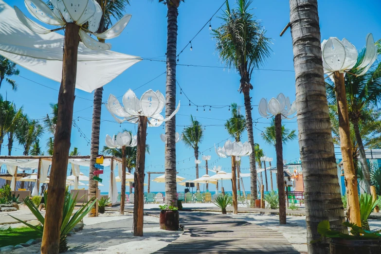 the white tables and umbrellas are on the sidewalk