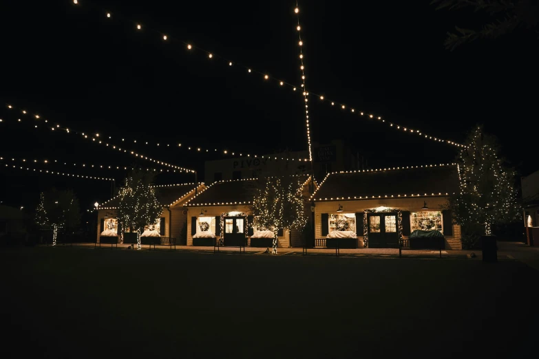 the building has a lit up tree in front