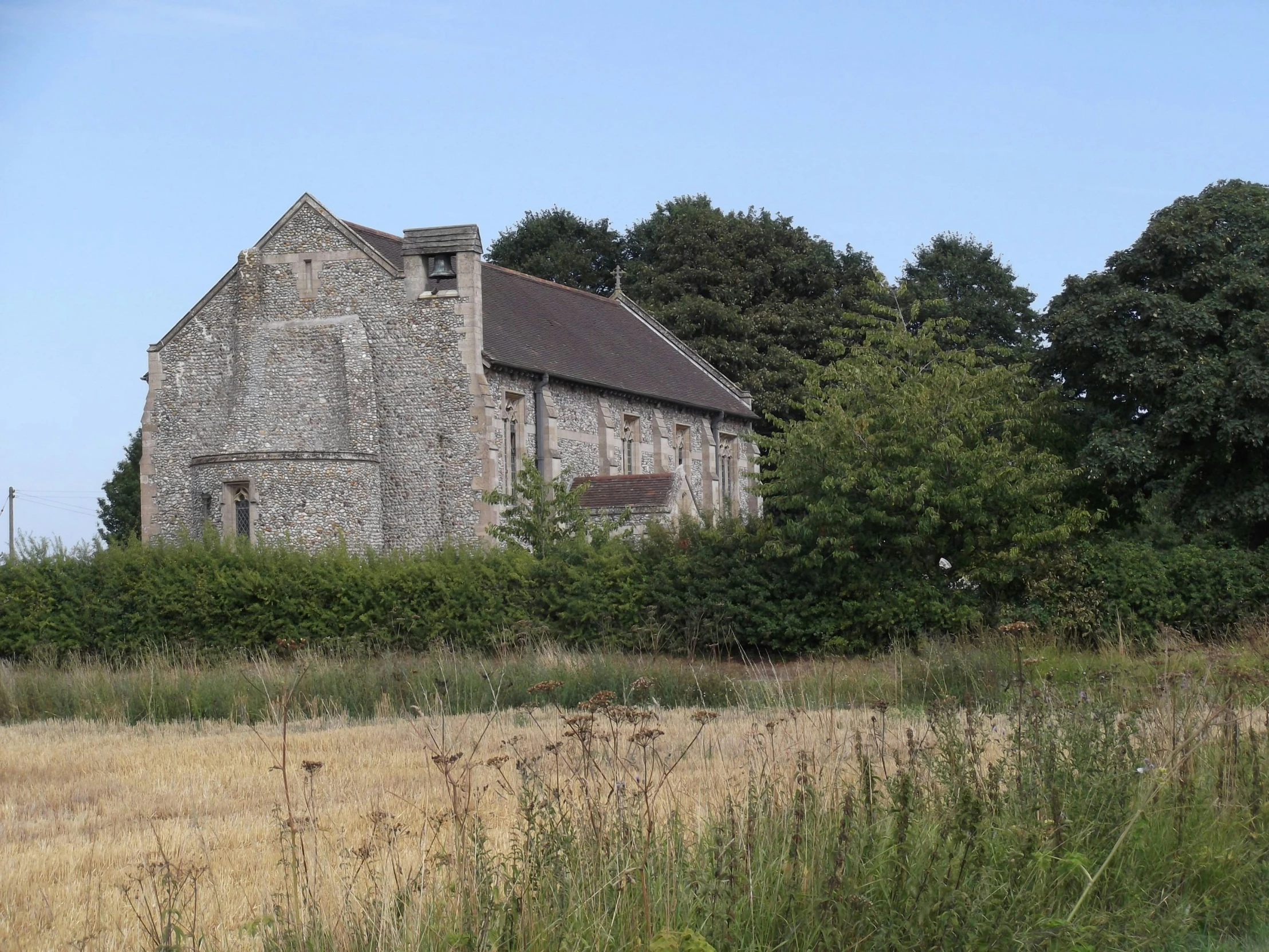 the old church stands next to a tree and overgrown vegetation