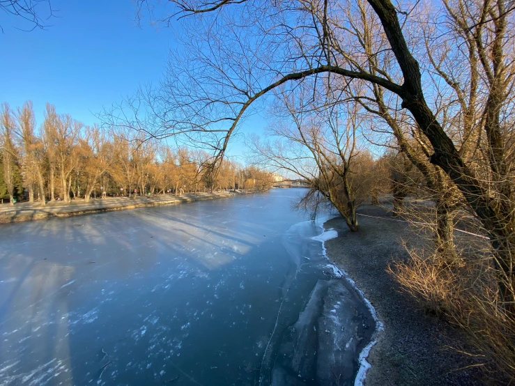 the river is surrounded by ice and some trees