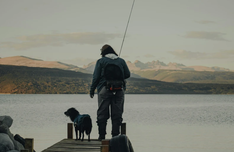 a man and a dog are on a dock near a lake