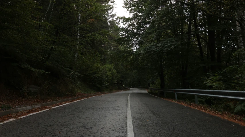 a paved road surrounded by a forest next to a sign