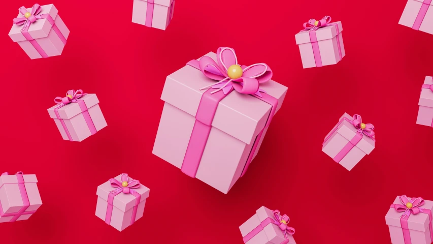 gift boxes with pink ribbon and gold bow on red background