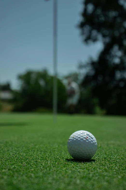 a golf ball sitting in the grass at a golf course