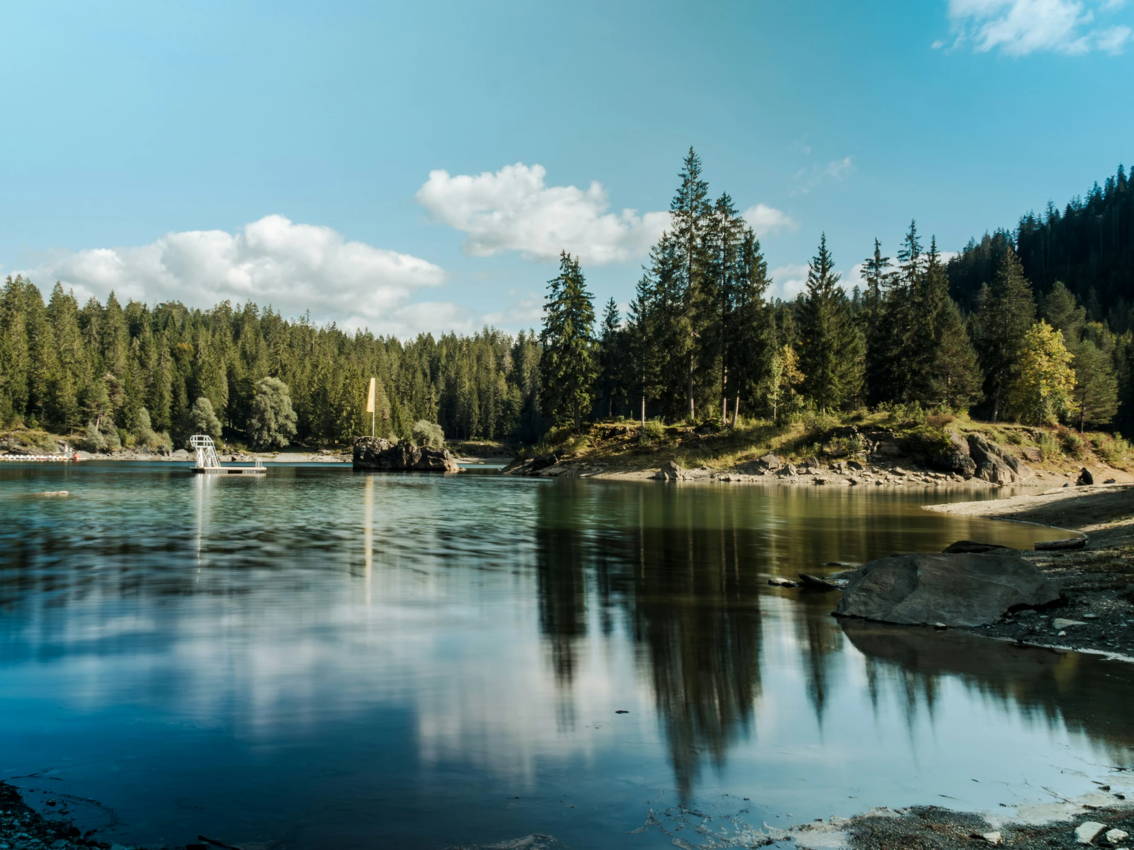 boat on a lake surrounded by pine trees