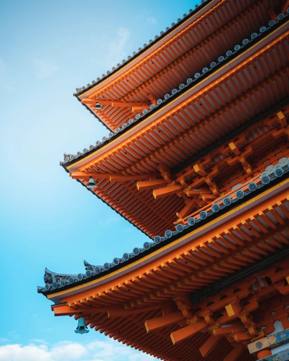 an asian building with four roof tops against the blue sky