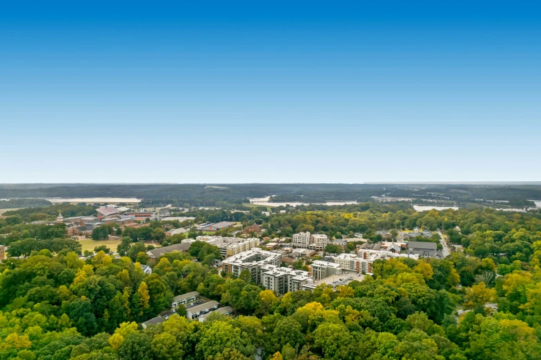 a city with buildings, trees and blue sky