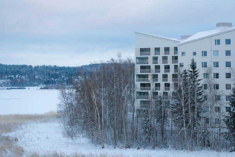 a tall building sitting next to a forest covered in snow