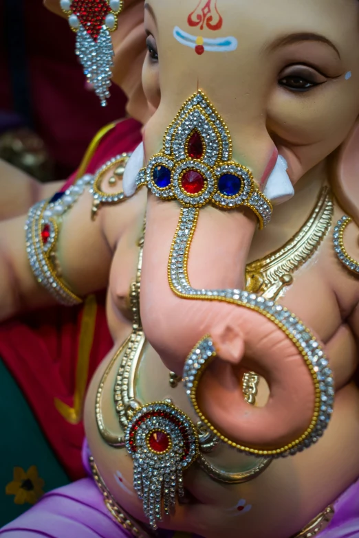 close up of an elephant with rings, beads and a tail