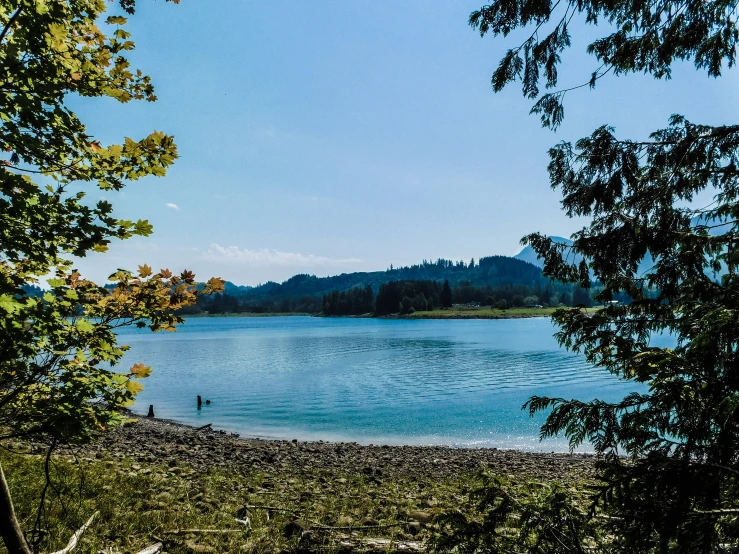 the view across a lake with a few people