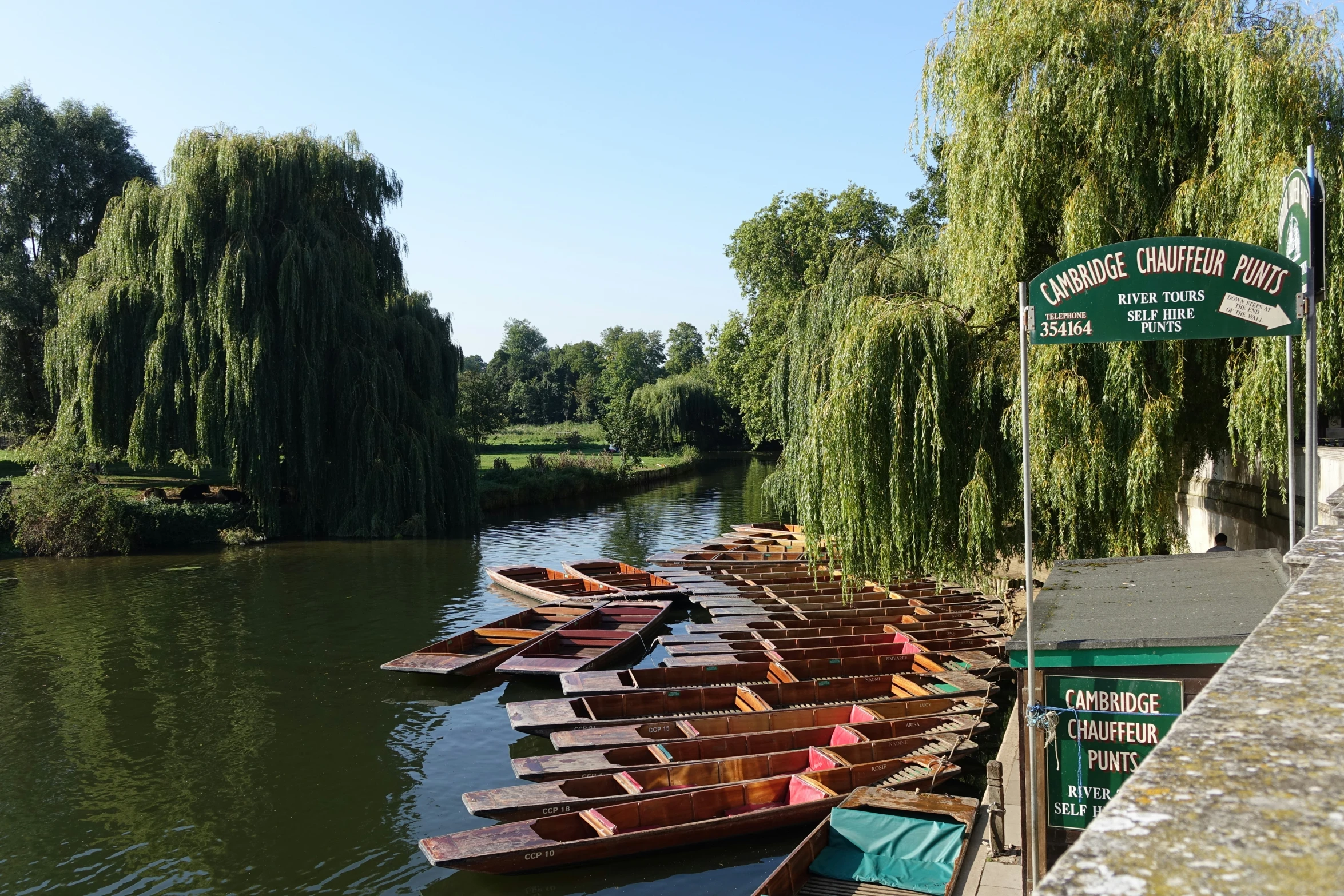 several row boats in the water along a bridge