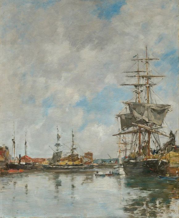 the painting is of a large sailing ship and other boats on the water