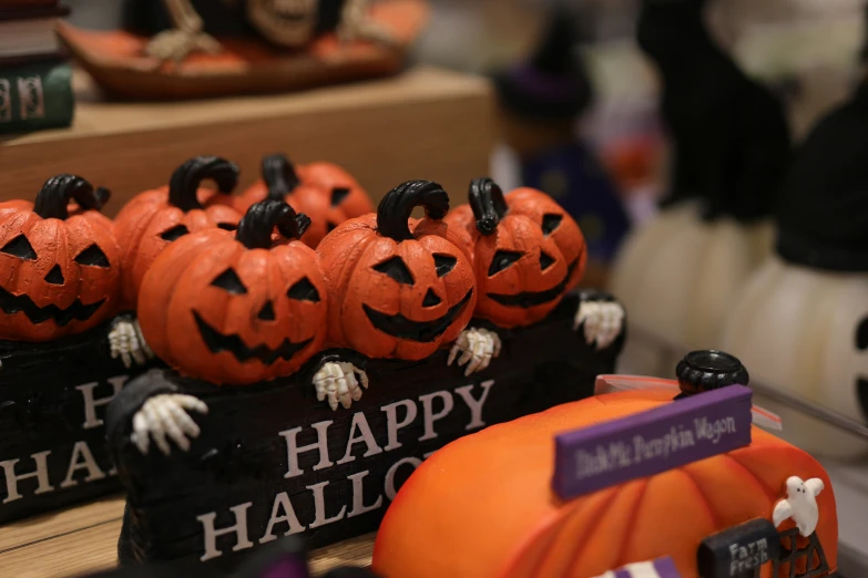 a set of pumpkin heads are on display