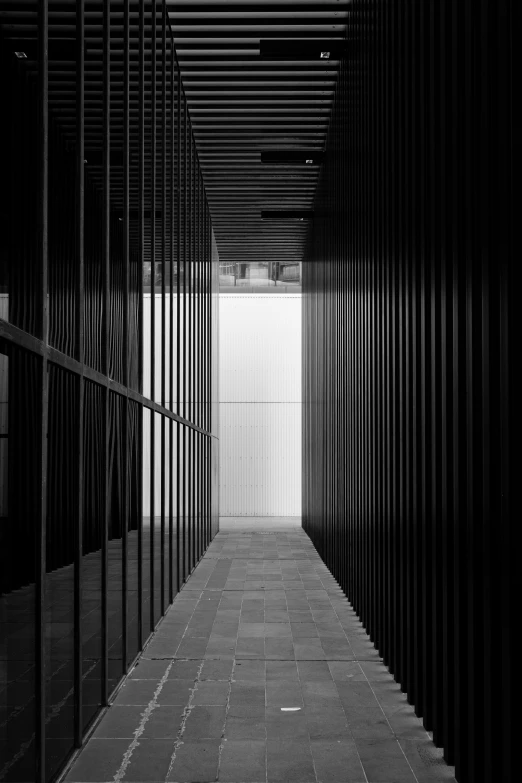 a walkway is seen through a row of bars