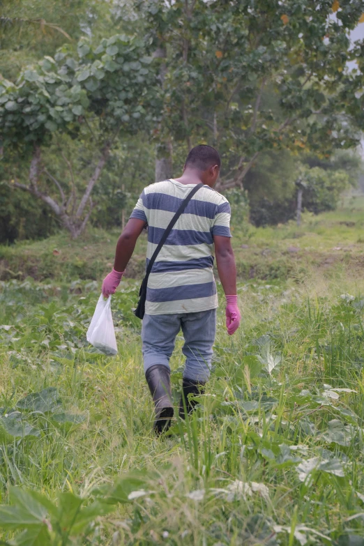 a person with a small bag walking through the grass