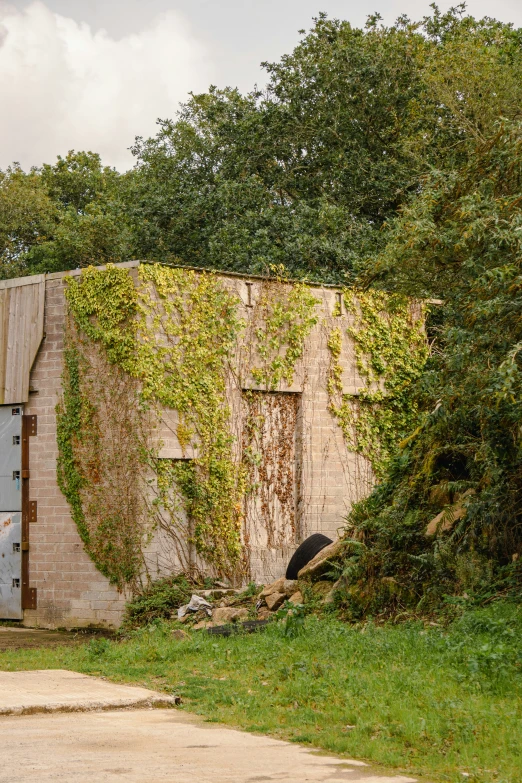 a stone building with green vines covering it