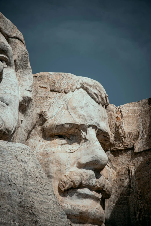 the face and head of a carved statue is shown