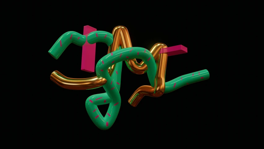 a very long green, black and pink letter spelling out letters