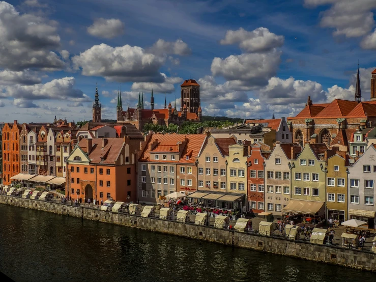 the buildings are on the edge of a river bank